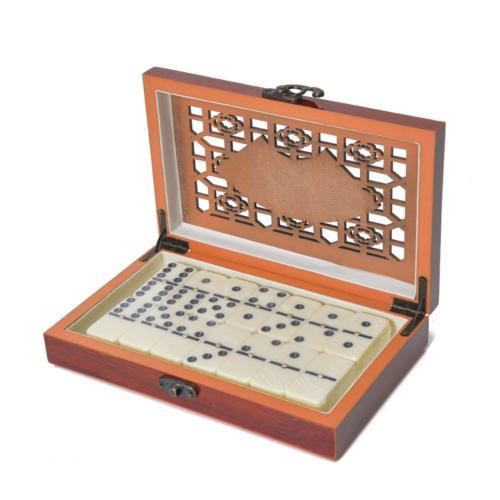 Premium Dominoes Set with Spinners | goodplayingcards.com 28 Pieces Double Six Dominoes Set with Spinners in Wooden Box – Melamine Ivory Tiles