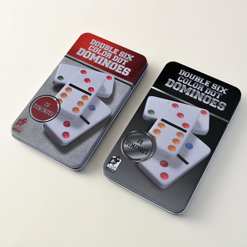 Durable Melamine Double Six Domino Set in Tin Box Double Six Domino Set with Tin Box – 28 Colorful Dot Tiles