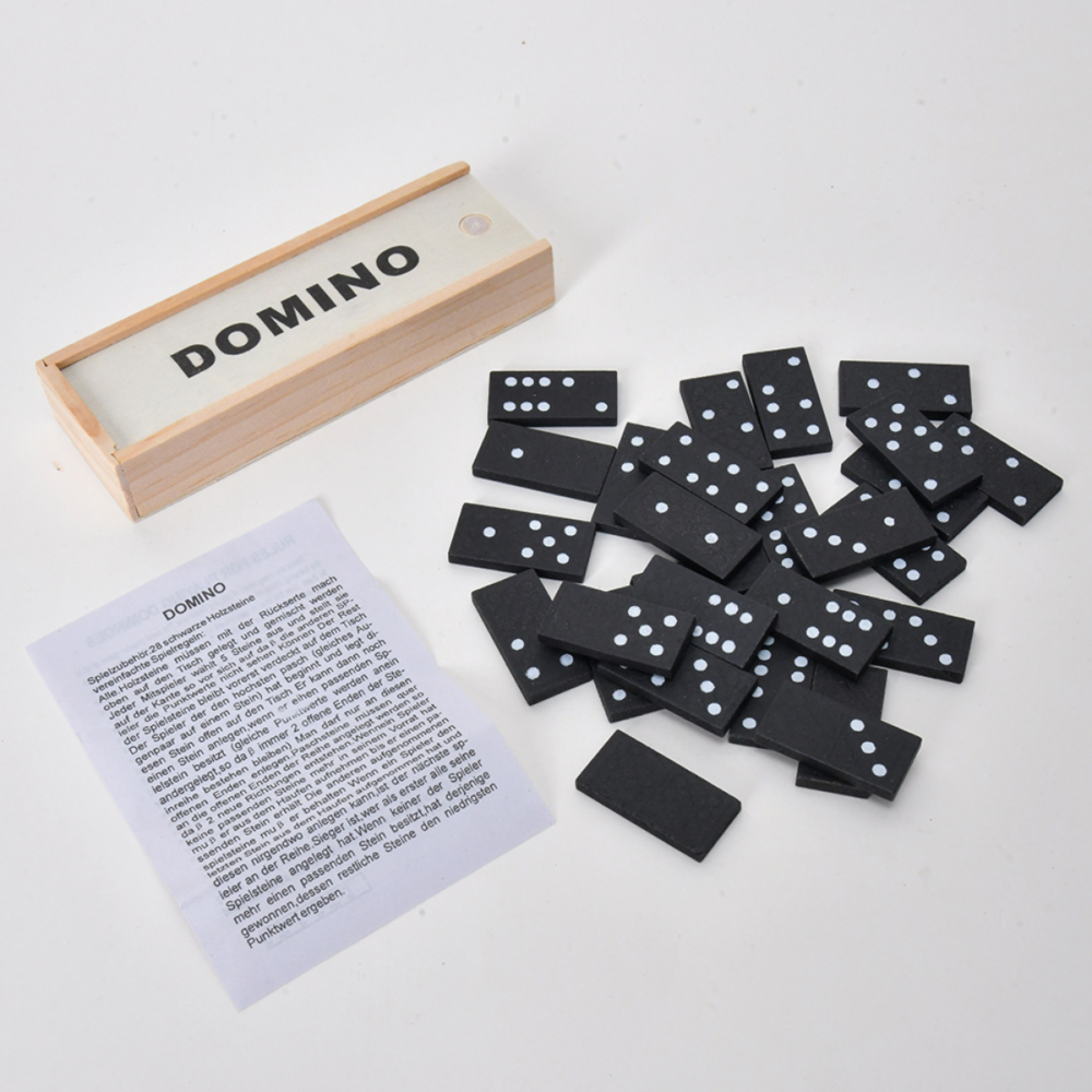 Cheap wooden domino set in wooden box for wholesale Wholesale wood domino set with wooden box, 28 black tiles with white dots