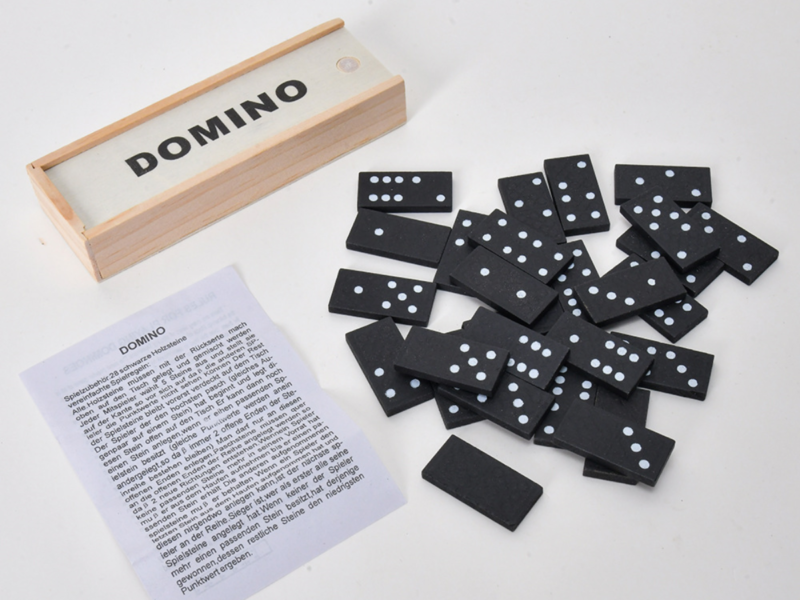 Wholesale wood domino set with wooden box, 28 black tiles with white dots